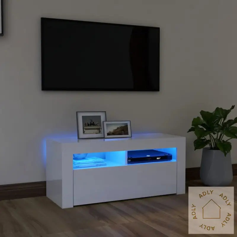 Tv-Benk Med Led-Lys Høyglans Hvit 90X35X40 Cm