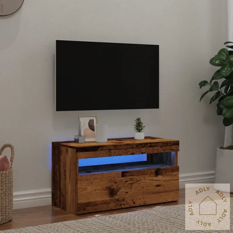 Tv-Benk Med Led-Lys Gammelt Tre 75X35X40 Cm Konstruert Tre