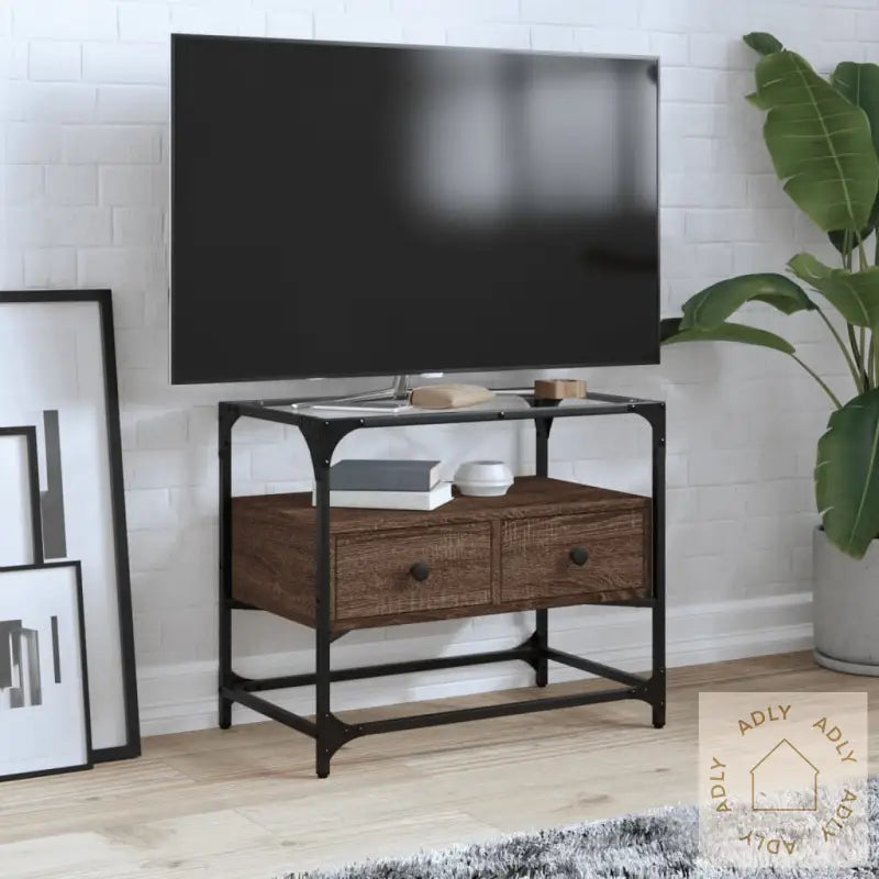 Tv-Benk Med Glasstopp Brun Eik 60X35X51 Cm Konstruert Tre