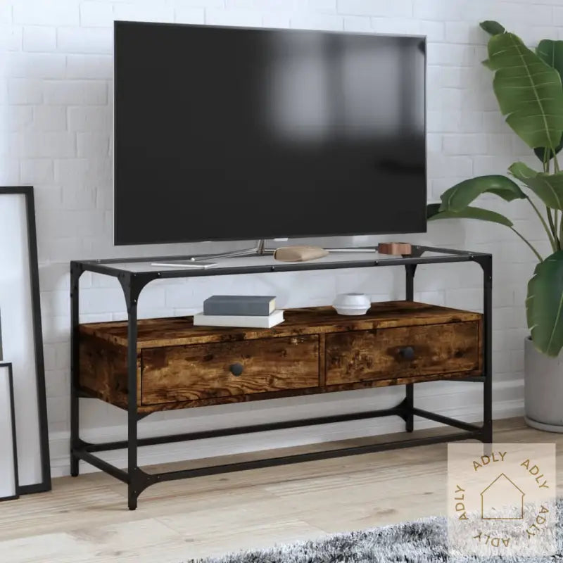 Tv-Benk Med Glasstopp Røkt Eik 98X35X51 Cm Konstruert Tre