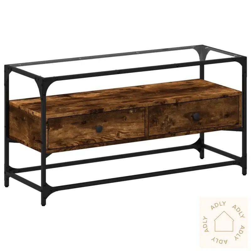 Tv-Benk Med Glasstopp Røkt Eik 98X35X51 Cm Konstruert Tre