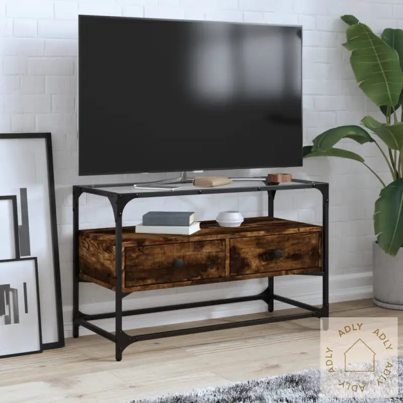 Tv-Benk Med Glasstopp Røkt Eik 80X35X51 Cm Konstruert Tre