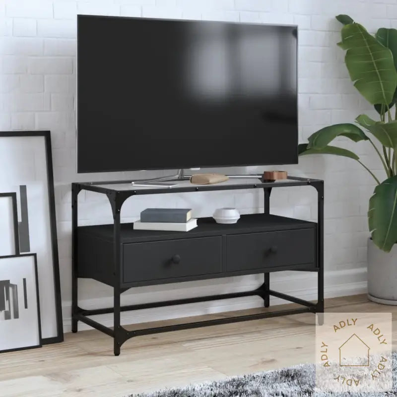 Tv-Benk Med Glasstopp Svart 80X35X51 Cm Konstruert Tre