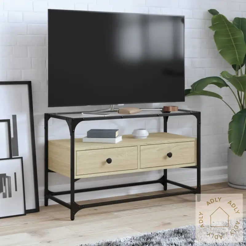 Tv-Benk Med Glasstopp Sonoma Eik 80X35X51 Cm Konstruert Tre