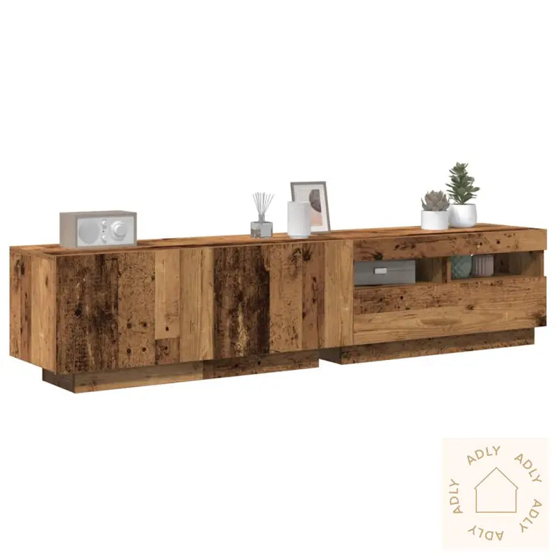 Tv-Benk Med Led-Lys Gammelt Tre 180X35X40 Cm Konstruert Tre