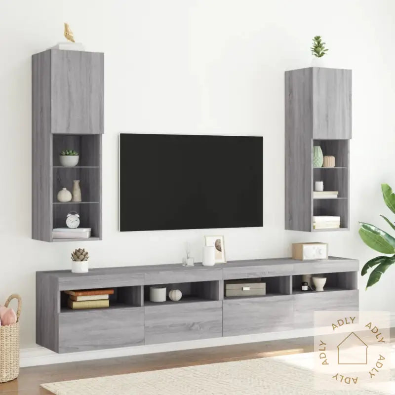 Tv-Benker Med Led-Lys 2 Stk Grå Sonoma 30,5X30X102 Cm