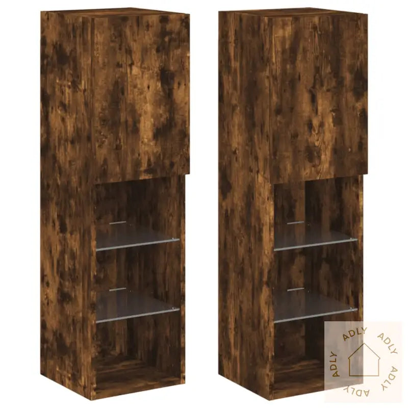 Tv-Benker Med Led-Lys 2 Stk Røkt Eik 30,5X30X102 Cm
