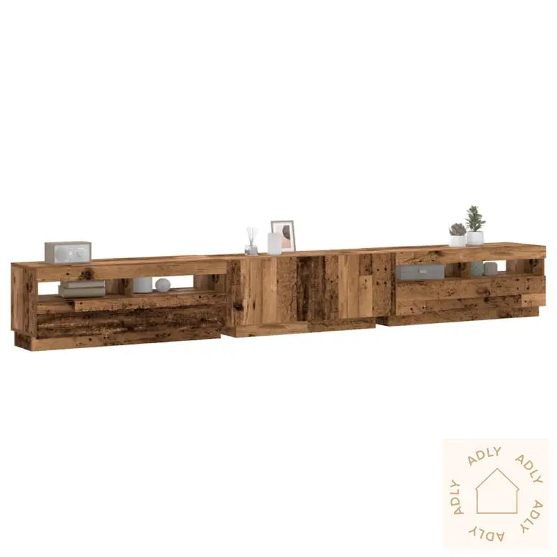 Tv-Benk Med Led-Lys Gammelt Tre 300X35X40 Cm Konstruert Tre
