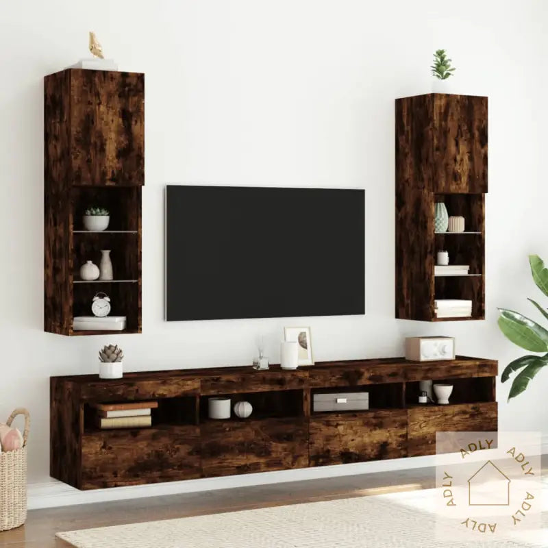 Tv-Benker Med Led-Lys 2 Stk Røkt Eik 30,5X30X102 Cm