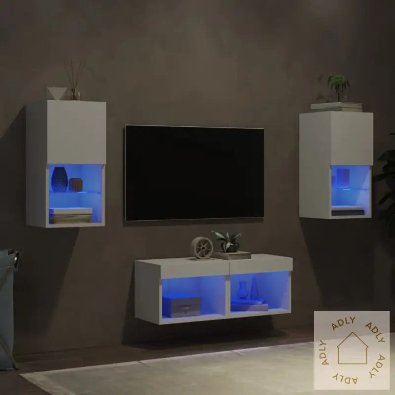 Vegghengte Tv-Benker Med Led 4 Stk Hvit