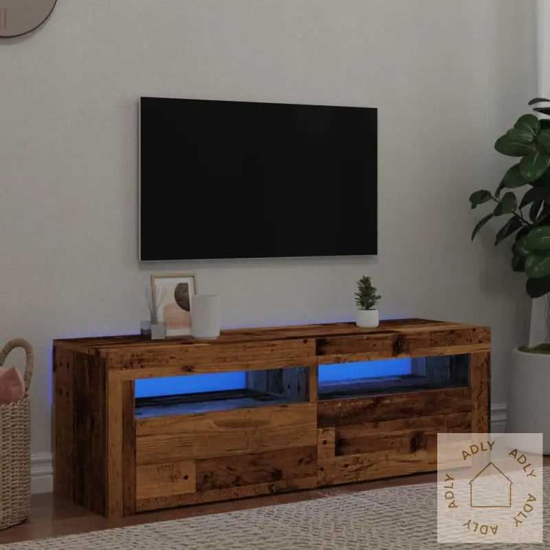 Tv-Benk Med Led-Lys Gammelt Tre 120X35X40 Cm Konstruert Tre