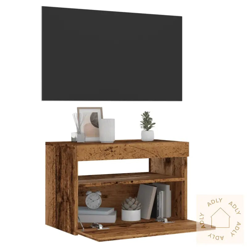 Tv-Benk Med Led-Lys Gammelt Tre 60X35X40 Cm Konstruert Tre