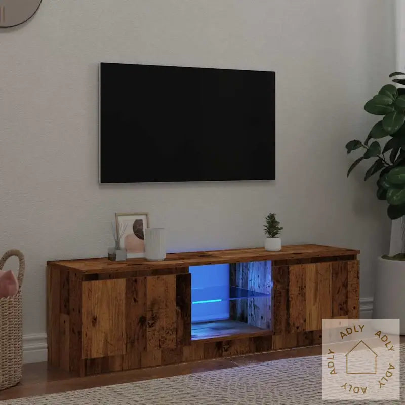 Tv-Benk Med Led-Lys Gammelt Tre 140X40X36 Cm Konstruert Tre