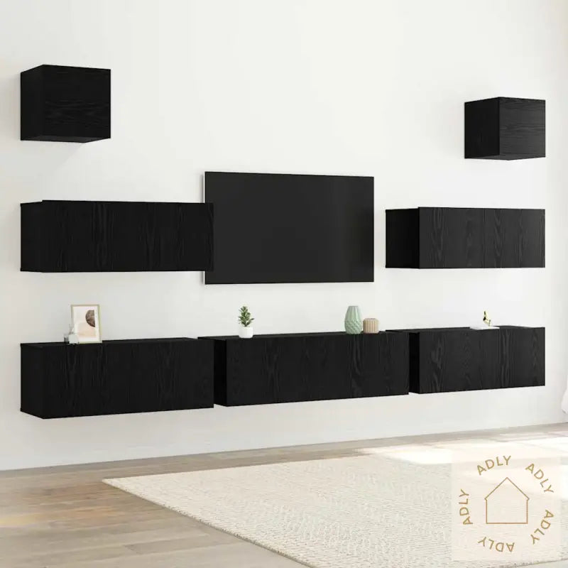 7 Piece Tv Cabinet Set Veggmontert Svart Eik Konstruert Tre