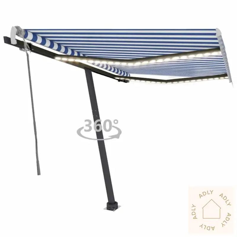 Manuell Uttrekkbar Markise Med Led 350X250 Cm Blå Og Hvit