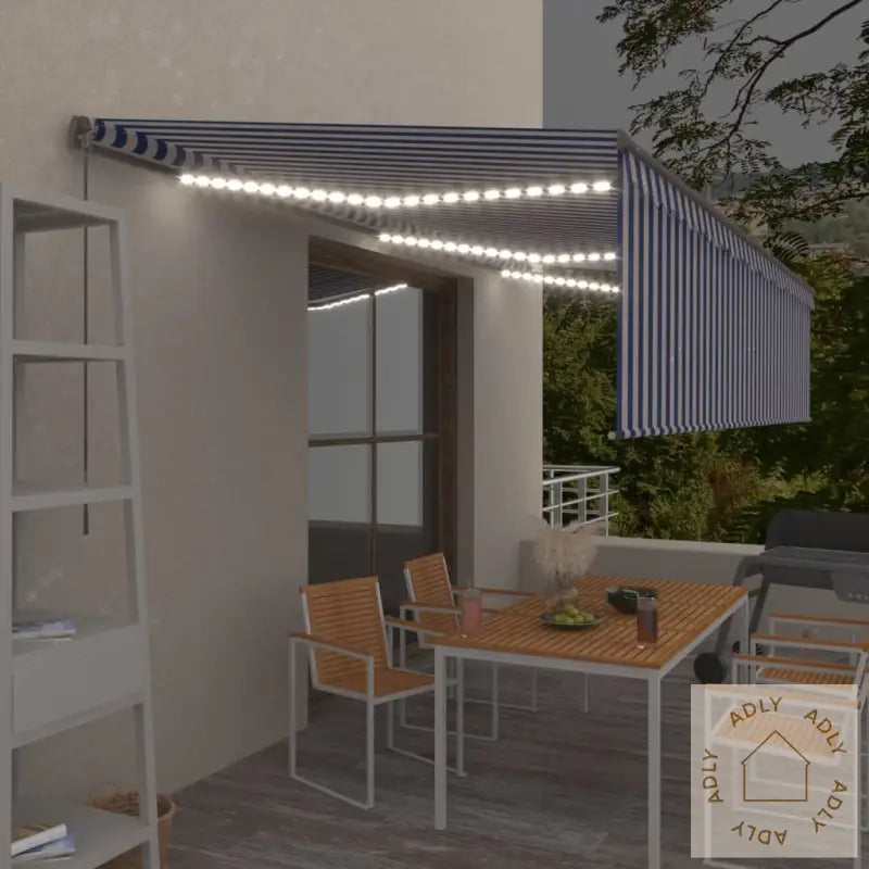Manuell Uttrekkbar Markise Med Rullegardin Led 6X3 M Blå Hvit