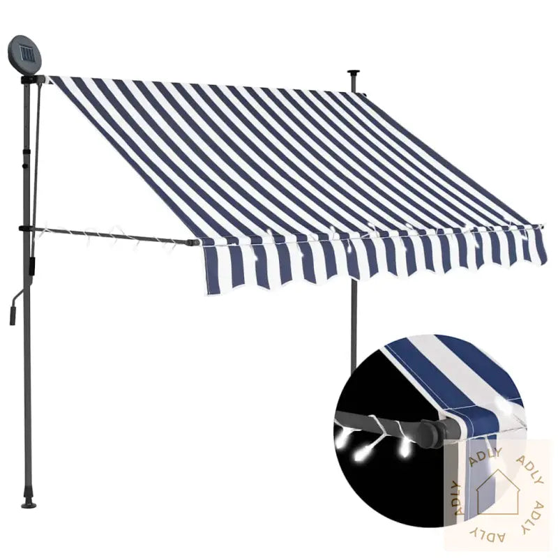Manuell Uttrekkbar Markise Med Led 150 Cm Blå Og Hvit