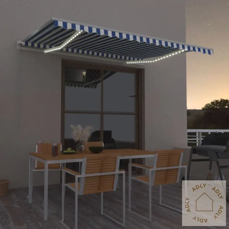 Automatisk Markise Med Vindsensor Og Led 400X350 Cm Blå Og Hvit