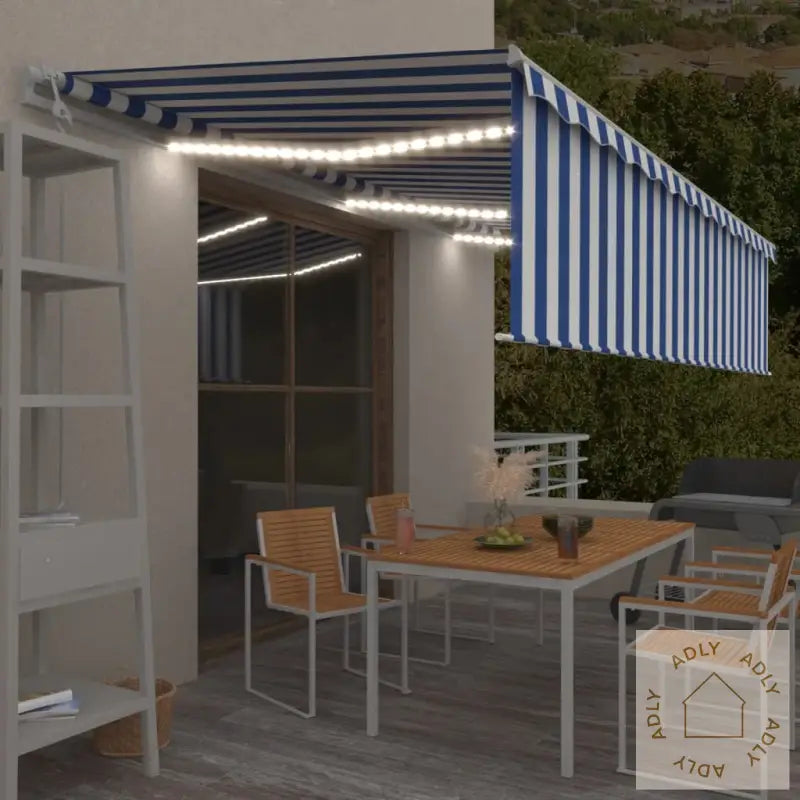Automatisk Markise Rullegardin Led Vindsensor 6X3 M Blå Og Hvit