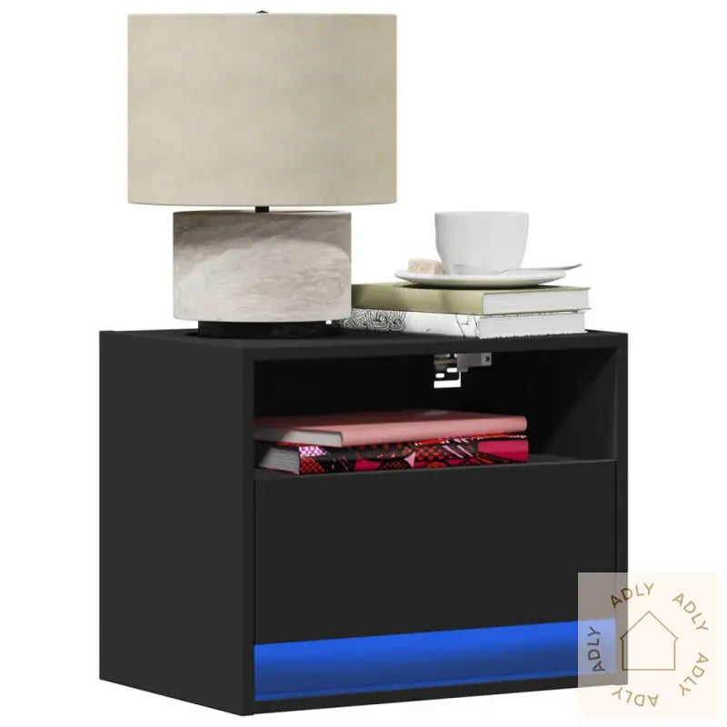 Vegghengt Nattbord Med Led-Lys Svart