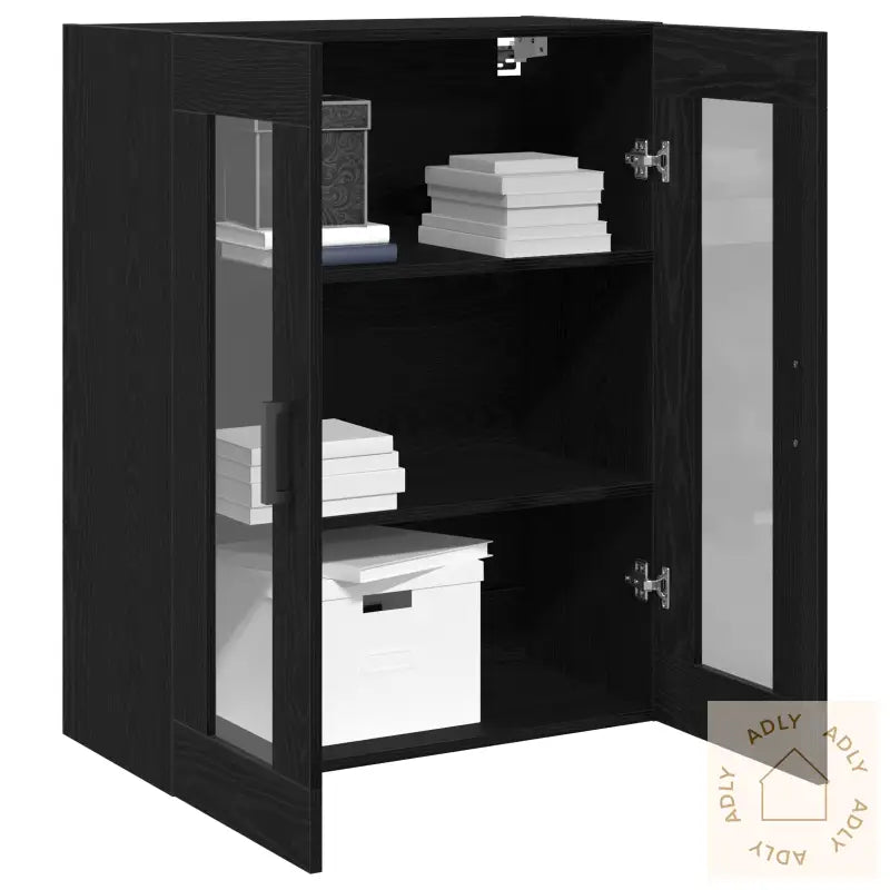 Vegghengt Skap Med Glassdører Svart Eik 69.5X34X90 Cm