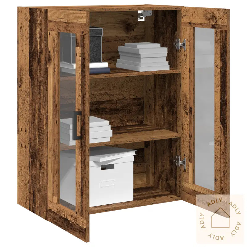 Vegghengt Skap Med Glassdører - Gammelt Tre - 69.5X34X90 Cm