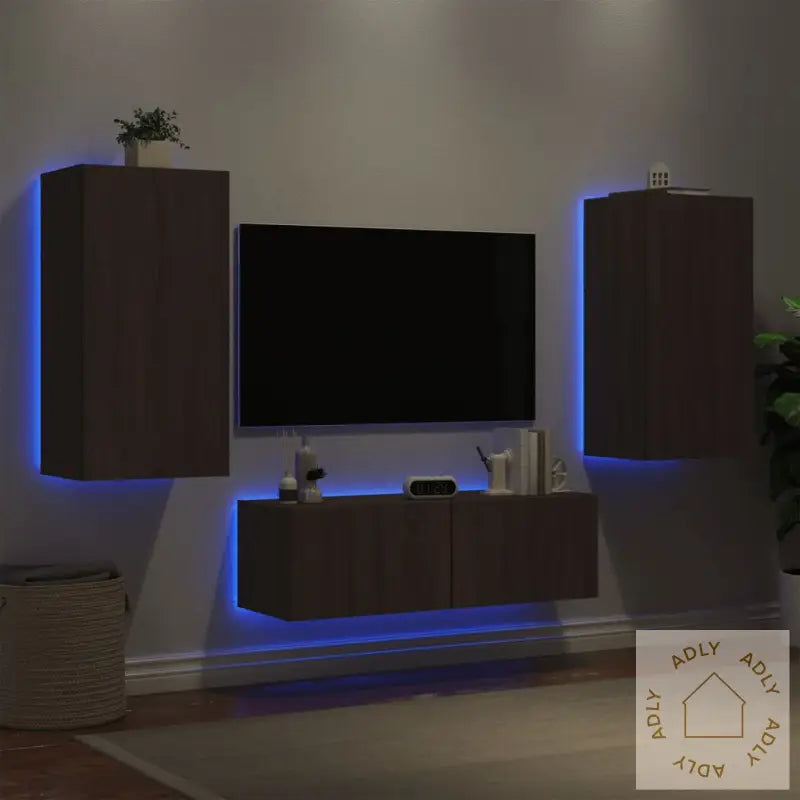 Vegghengte Tv-Benker Med Led 3 Stk Brun Eik
