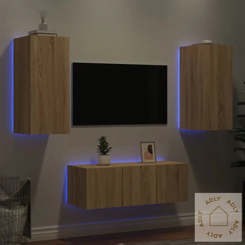 Vegghengte Tv-Enheter Med Led 4 Deler Sonoma Eik Konstruert Tre