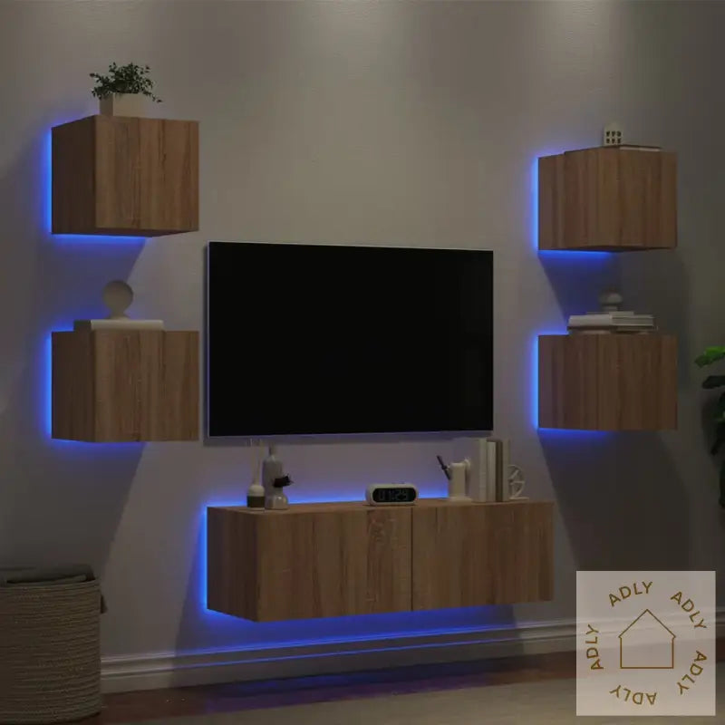 Vegghengte Tv-Benker Med Led 5 Stk Sonoma Eik
