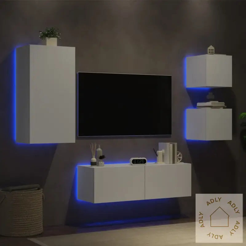 Vegghengte Tv-Benker Med Led 4 Stk Hvit