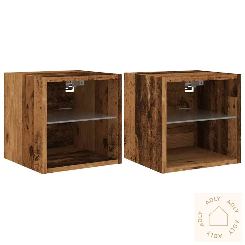 Vegghengt Tv-Benk Med Led 2 Stk Gammelt Tre 30X28,5X30 Cm