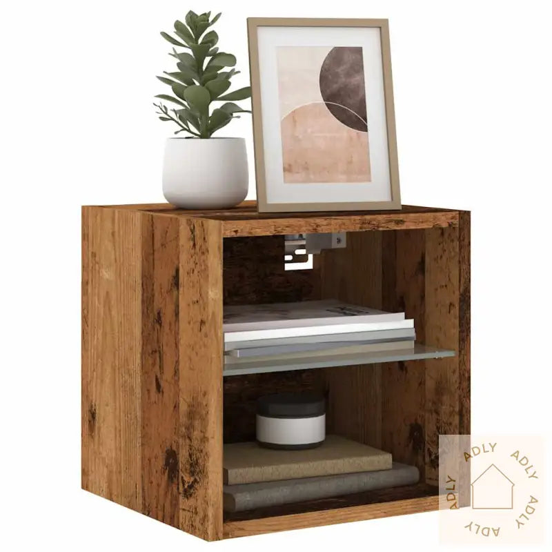 Vegghengt Tv-Benk Med Led 2 Stk Gammelt Tre 30X28,5X30 Cm