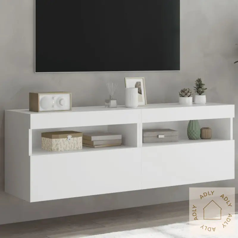 Vegghengte Tv-Benker Med Led 2 Stk Hvit 60X30X40 Cm