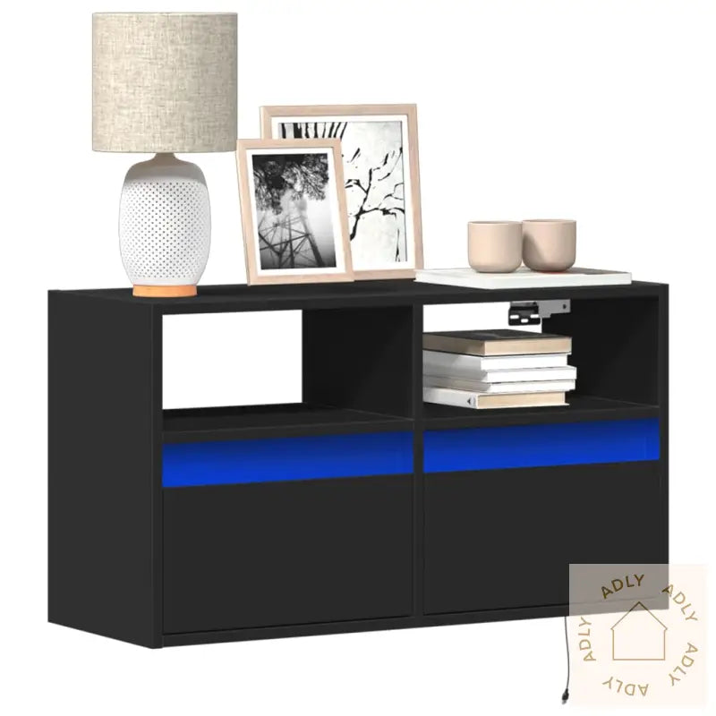 Vegghengt Tv-Benk Med Led Svart 80X31X45 Cm