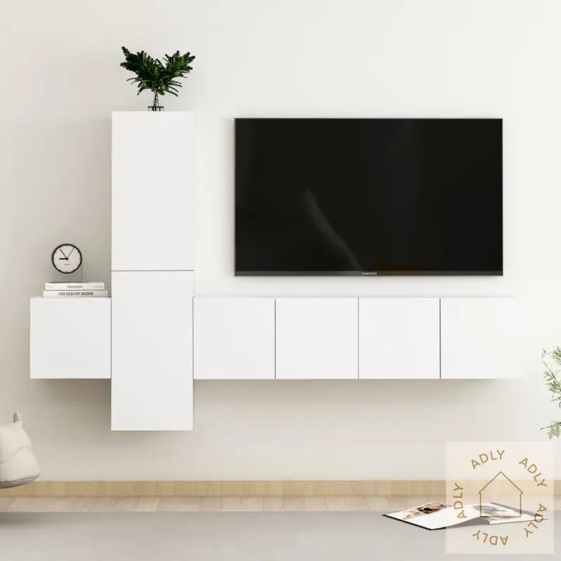 Tv-Benksett 5 Deler Hvit Konstruert Tre