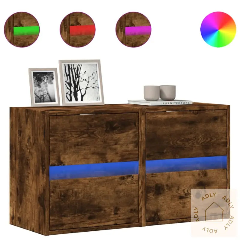Vegghengt Tv-Benker Med Led-Lys 2 Stk Røkt Eik 41X31X45 Cm