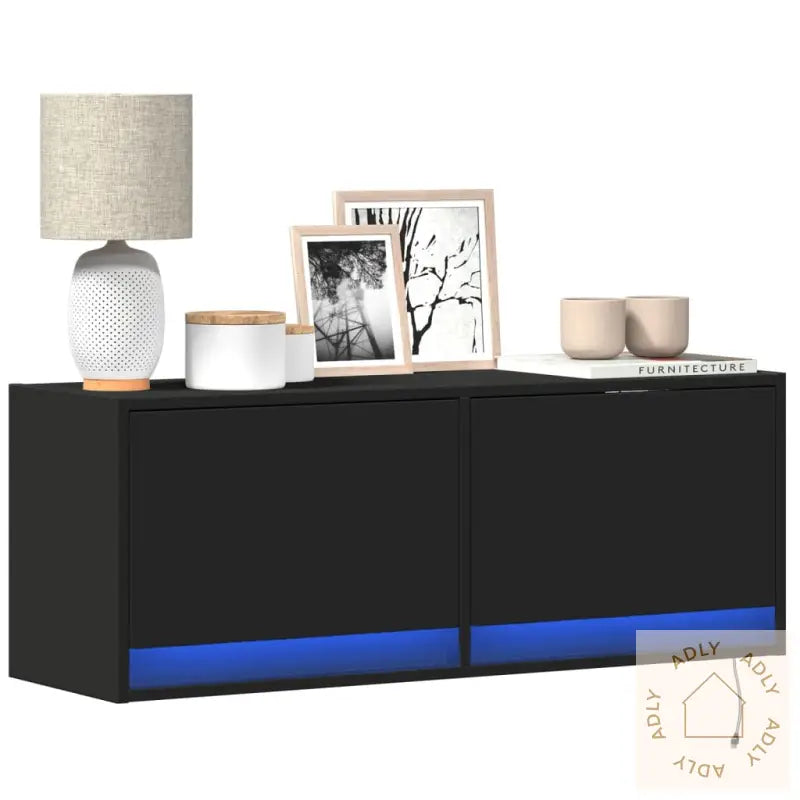 Vegghengt Tv-Benk Med Led Svart 100X31X35 Cm