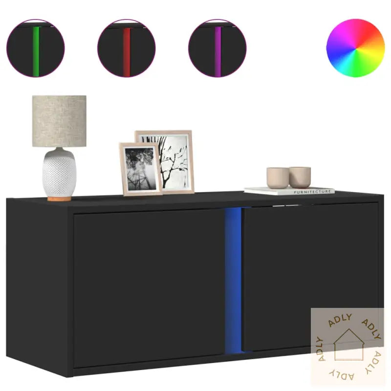 Vegghengt Tv-Benk Med Led Svart 80X31X35 Cm