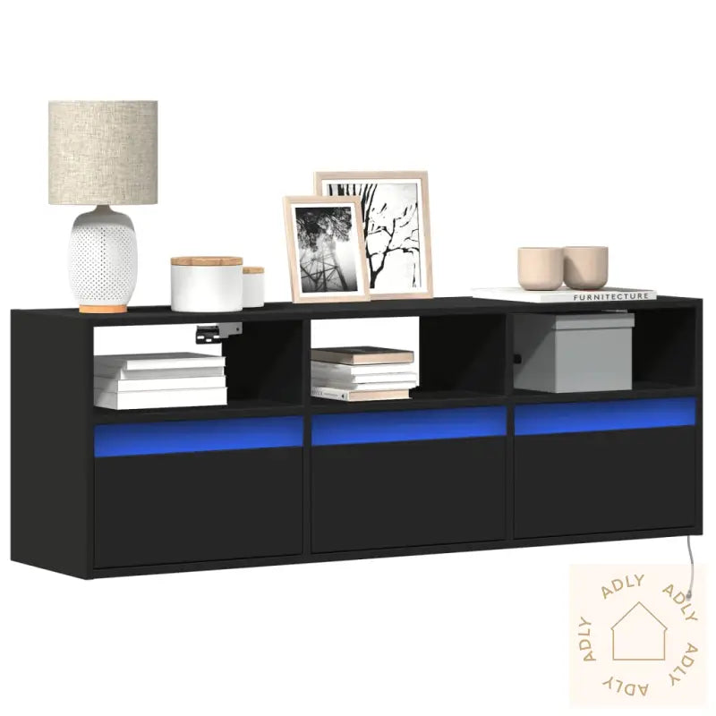 Vegghengt Tv-Benk Med Led Svart 130X31X45 Cm