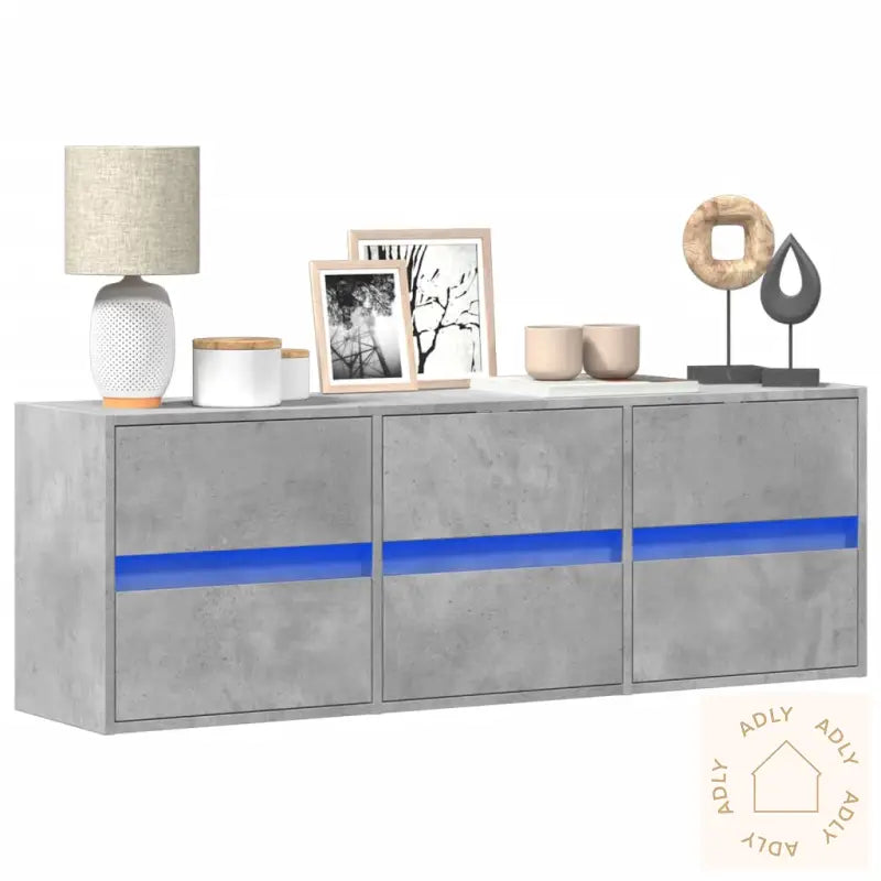 Vegghengt Tv-Benk Med Led-Lys Betonggrå 130X31X45 Cm