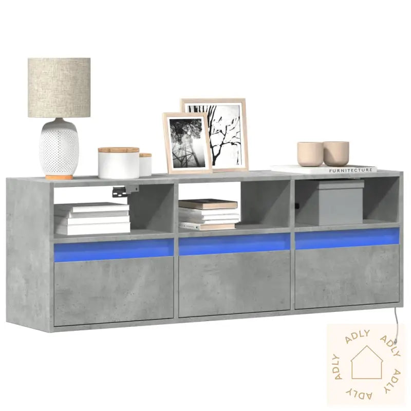 Vegghengt Tv-Benk Med Led-Lys Betonggrå 130X31X45 Cm