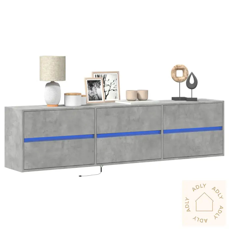 Vegghengt Tv-Benk Med Led-Lys Betonggrå 180X31X45 Cm
