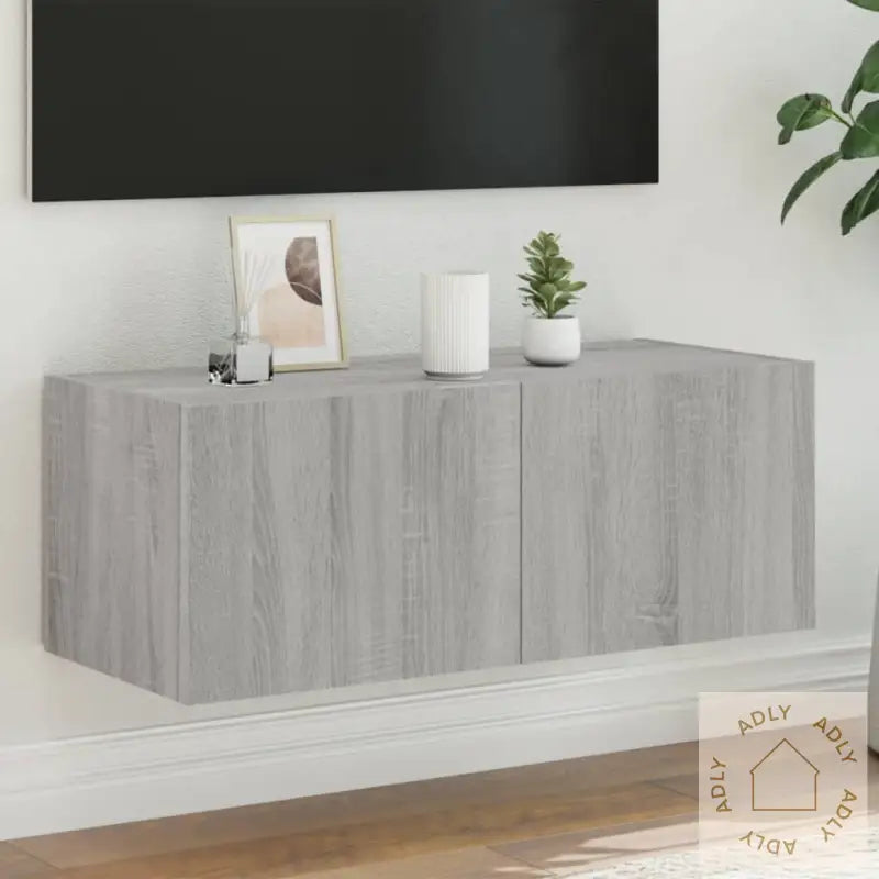 Vegghengt Tv-Benk Med Led Grå Sonoma 80X35X31 Cm