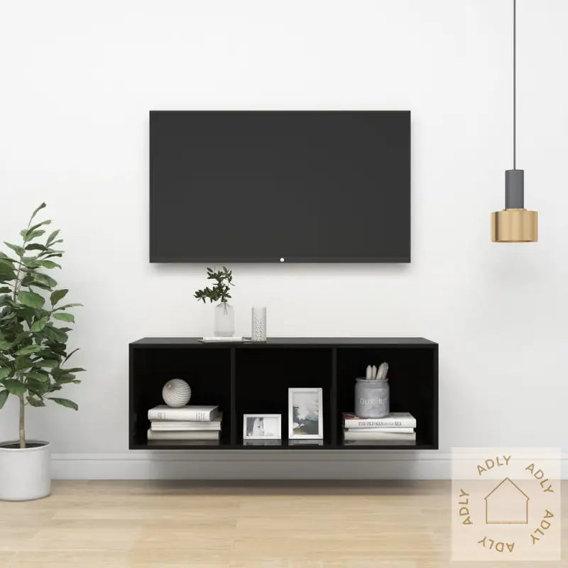 Vegghengt Tv-Benk Høyglans Svart 37X37X107 Cm Konstruert Tre