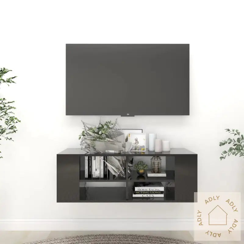 Vegghengt Tv-Benk Høyglans Svart 102X35X35 Cm Konstruert Tre