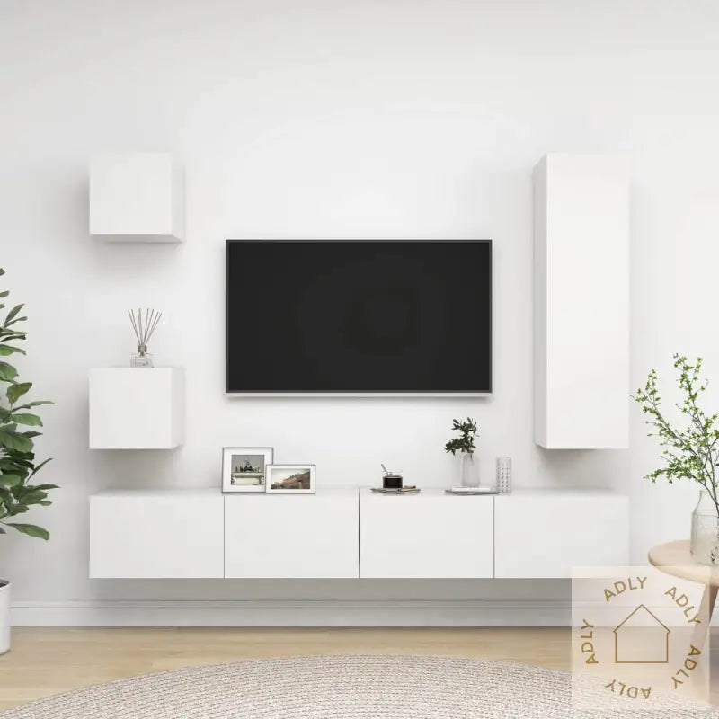 Tv-Benksett 5 Deler Hvit Konstruert Tre