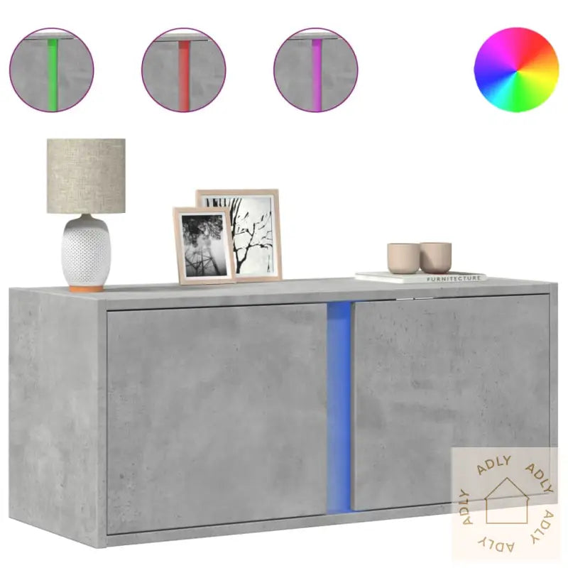 Vegghengt Tv-Benk Med Led-Lys Betonggrå 80X31X35 Cm