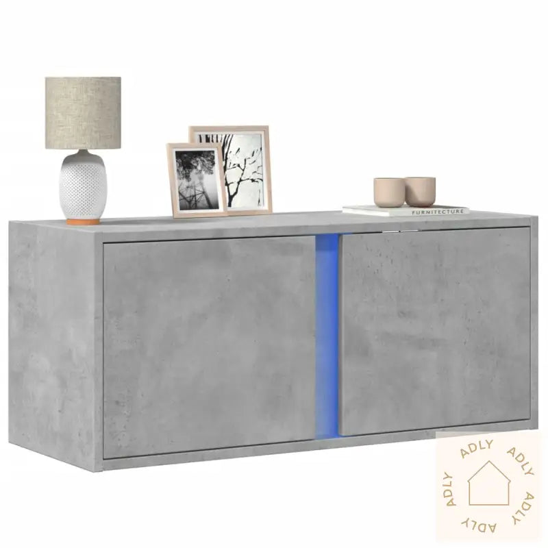 Vegghengt Tv-Benk Med Led-Lys Betonggrå 80X31X35 Cm