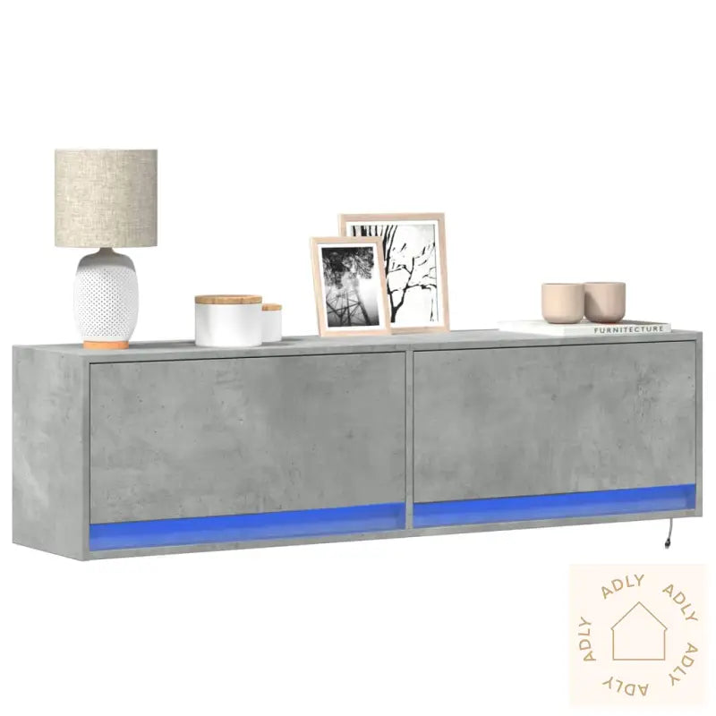 Vegghengt Tv-Benk Med Led-Lys Betonggrå 140X31X38 Cm