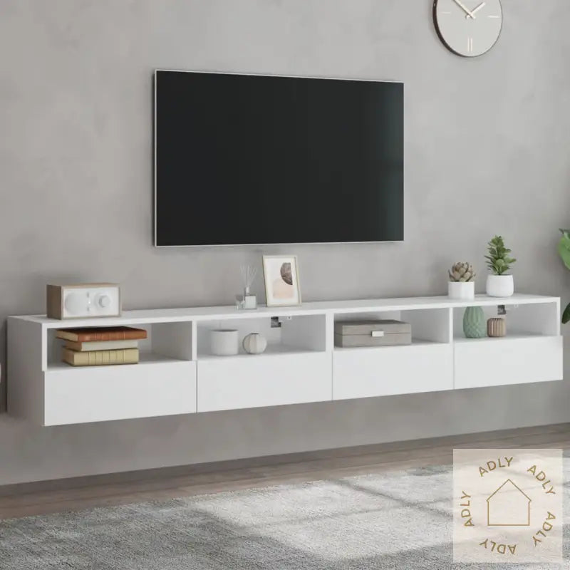 Vegghengte Tv-Benker 2 Stk Hvit 100X30X30 Cm Konstruert Tre
